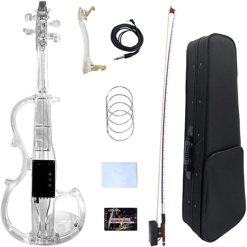 Electric Violin 4/4 Full Size Transparent Acrylic Body Led Light Three Colors Led Bow Case Transparent Violin Shoulder Rest Extra Strings for Beginner