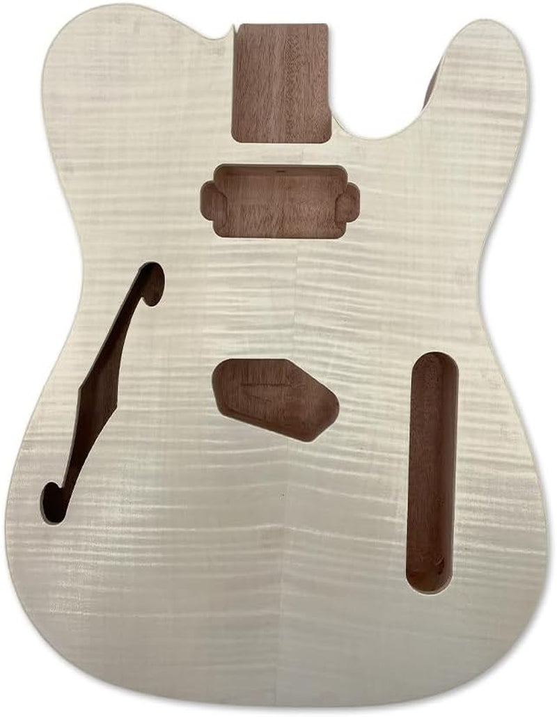 Tl-Style Semi-Hollow Guitar Body–Mahogany with Flame Maple Veneer, F-Hole, Unfinished Diy/Replacement (No Pre-Drilled Holes)