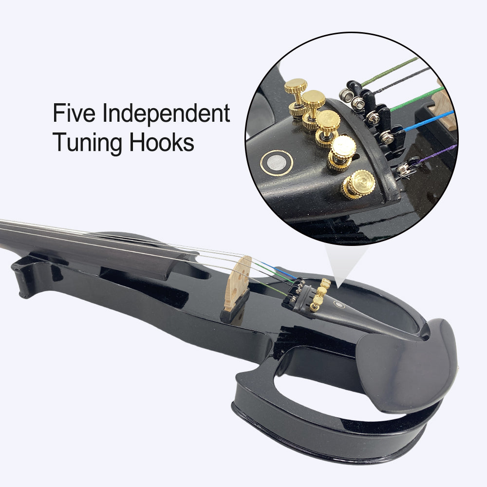 Electric Violin 4/4 Size Silent Violins Solid Wood Ebony Violin Parts with Case, Bow (Black)