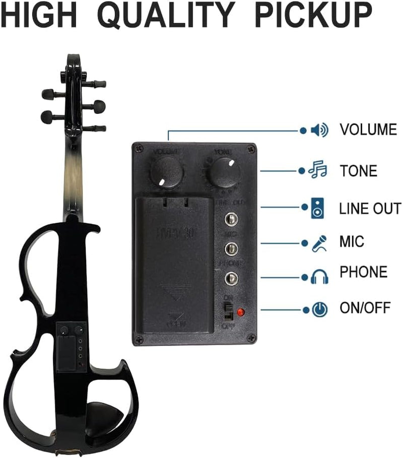 16Inch Silent Electric Viola Solid Wood 5 String with Ebony Fittings Hard Case Brazilwood Bow AUX Cable Cleaning Cloth Extra Strings Shoulder Rest Black FCGDA