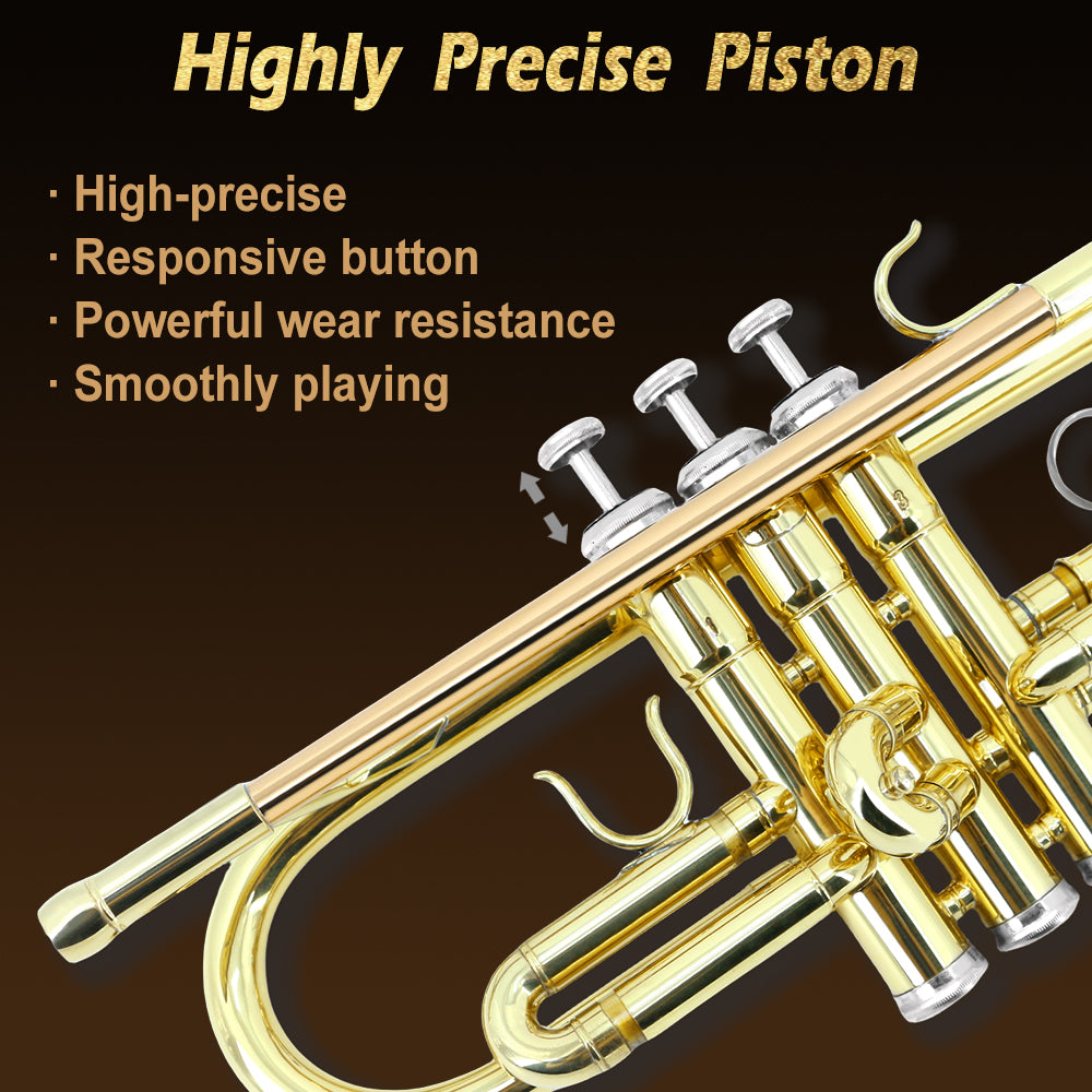 Bb Standard Trumpet Set for Beginner or Advance Student, Brass Student Trumpet Instrument with Hard Case, 7C Mouthpiece, Cleaning Kit,White Gloves Glod