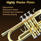 Bb Standard Trumpet Set for Beginner or Advance Student, Brass Student Trumpet Instrument with Hard Case, 7C Mouthpiece, Cleaning Kit,White Gloves Glod