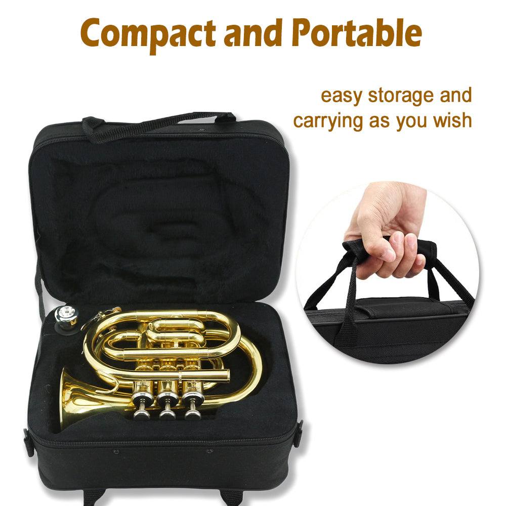 Bb Flat Pocket Trumpet Bass Trumpet for Beginner,Student with Cleaning Cloth, Silver Plated 7C Mouthpiece,Hard Case White Gloves (Gold)