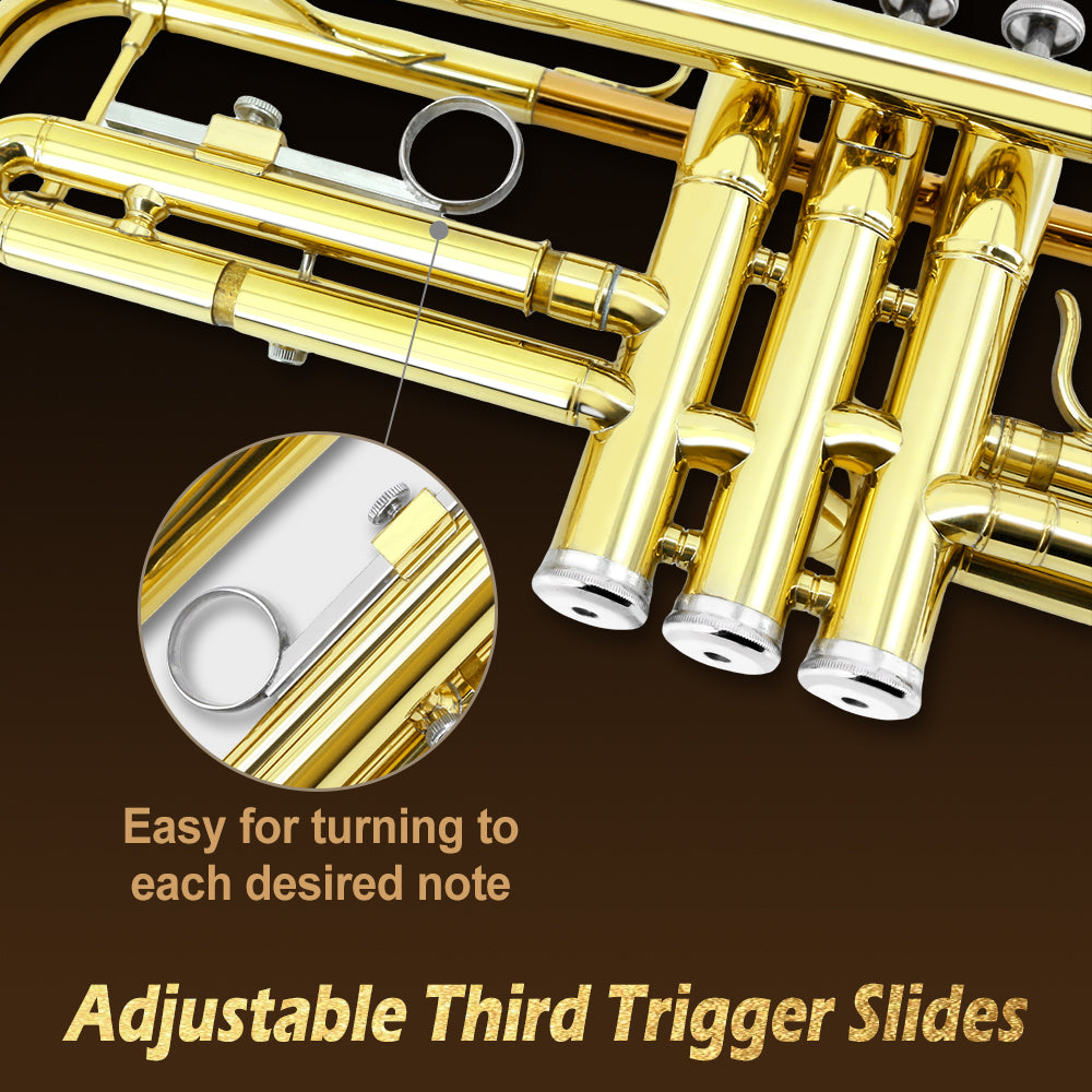 Bb Standard Trumpet Set for Beginner or Advance Student, Brass Student Trumpet Instrument with Hard Case, 7C Mouthpiece, Cleaning Kit,White Gloves Glod