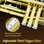 Bb Standard Trumpet Set for Beginner or Advance Student, Brass Student Trumpet Instrument with Hard Case, 7C Mouthpiece, Cleaning Kit,White Gloves Glod