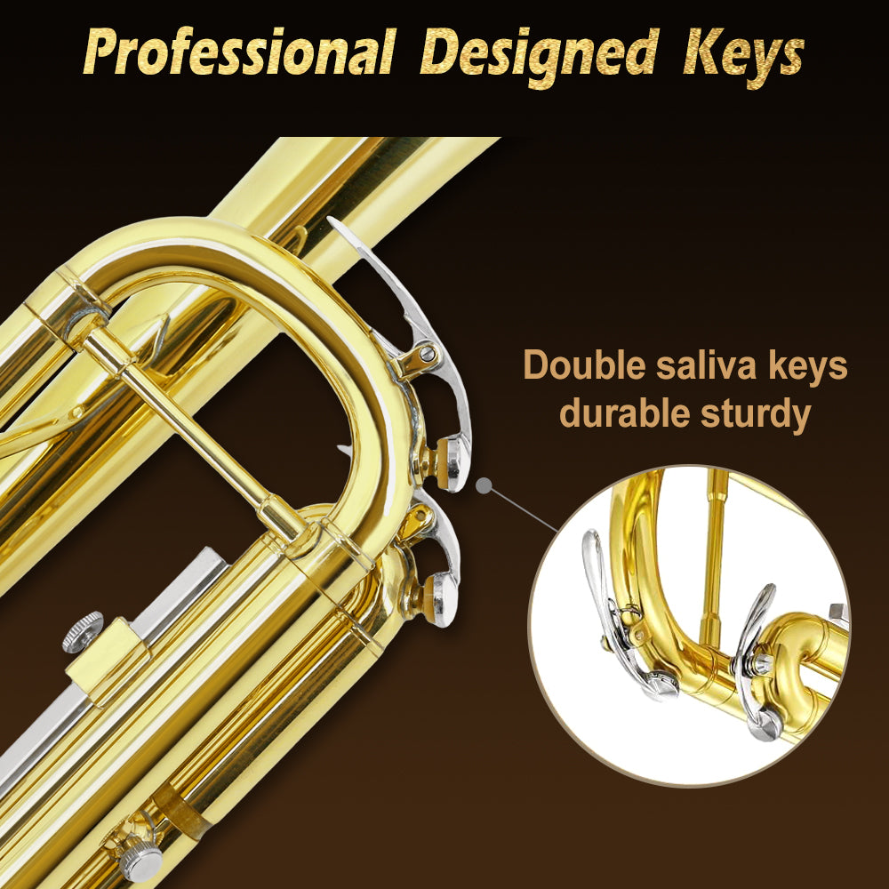 Bb Standard Trumpet Set for Beginner or Advance Student, Brass Student Trumpet Instrument with Hard Case, 7C Mouthpiece, Cleaning Kit,White Gloves Glod
