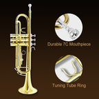 Bb Standard Trumpet Set for Beginner or Advance Student, Brass Student Trumpet Instrument with Hard Case, 7C Mouthpiece, Cleaning Kit,White Gloves Glod