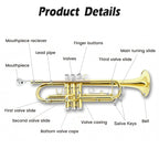 Bb Standard Trumpet Set for Beginner or Advance Student, Brass Student Trumpet Instrument with Hard Case, 7C Mouthpiece, Cleaning Kit,White Gloves Glod