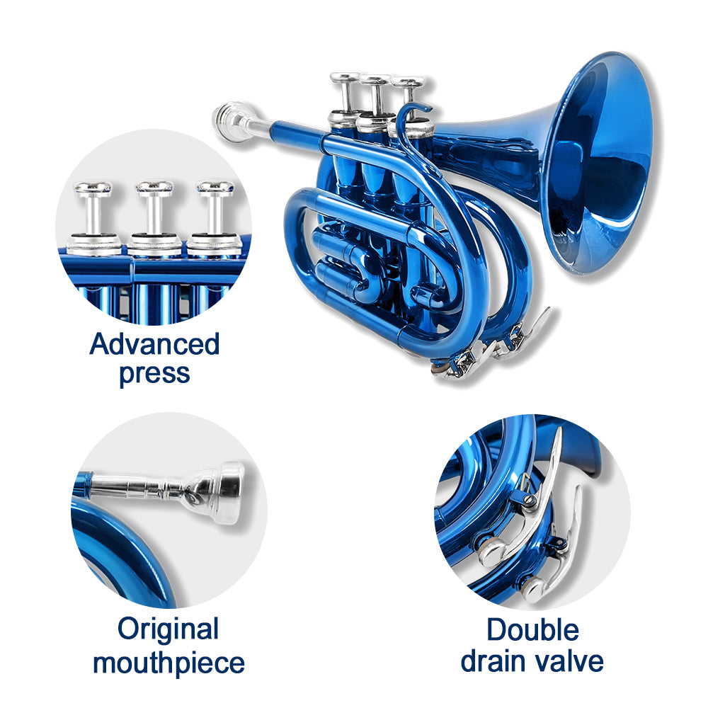 Bb Pocket Trumpet with Case,Mouthpiece, Cleaning Cloth Brass Musical Instruments for Students and Beginners (blue)