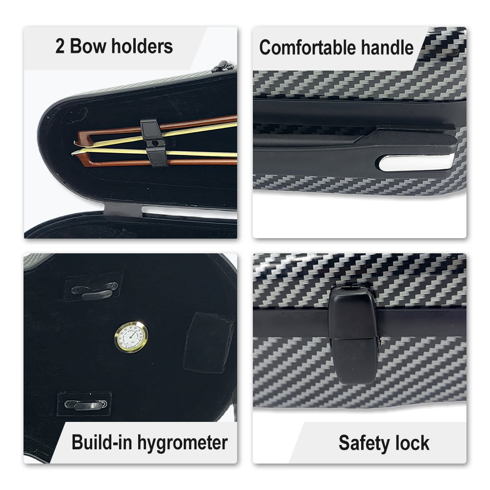 Viola Case 16 Inch Lightweight Carbon Fiber, Adjustable Velcro Neck Pad Suitable for Sizes 15-16.5 Inches, Thickened Lining, Built-In Hygrometer, Sturdy Handle,With Backstraps (Black)