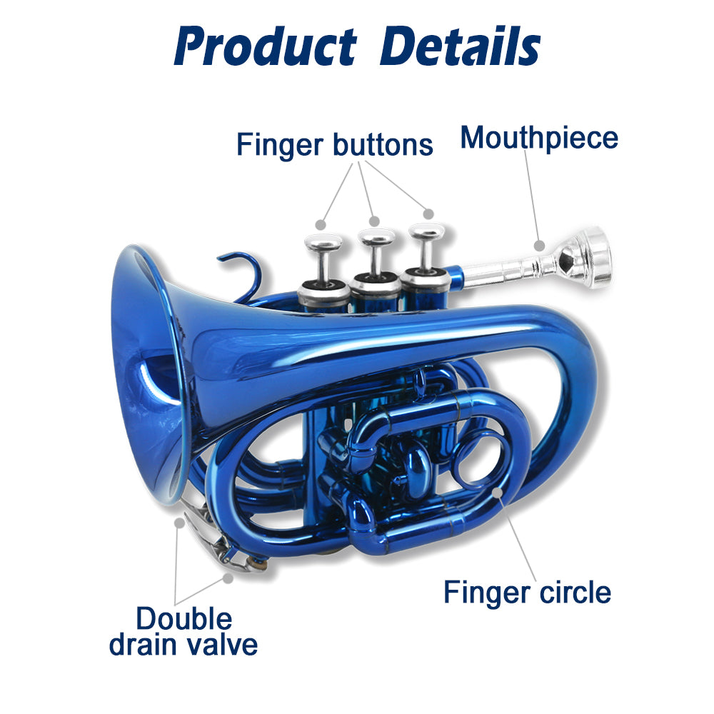 Bb Pocket Trumpet with Case,Mouthpiece, Cleaning Cloth Brass Musical Instruments for Students and Beginners (blue)
