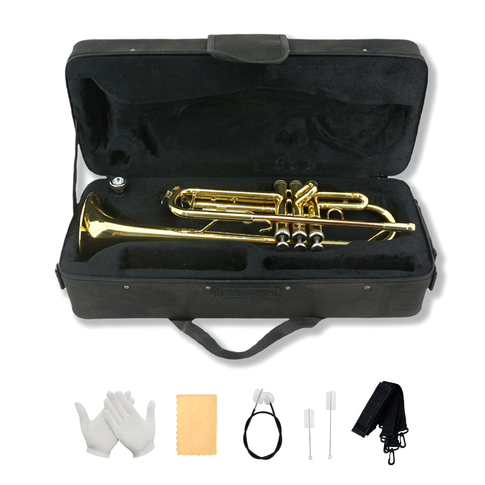 Bb Standard Trumpet Set for Beginner or Advance Student, Brass Student Trumpet Instrument with Hard Case, 7C Mouthpiece, Cleaning Kit,White Gloves Glod