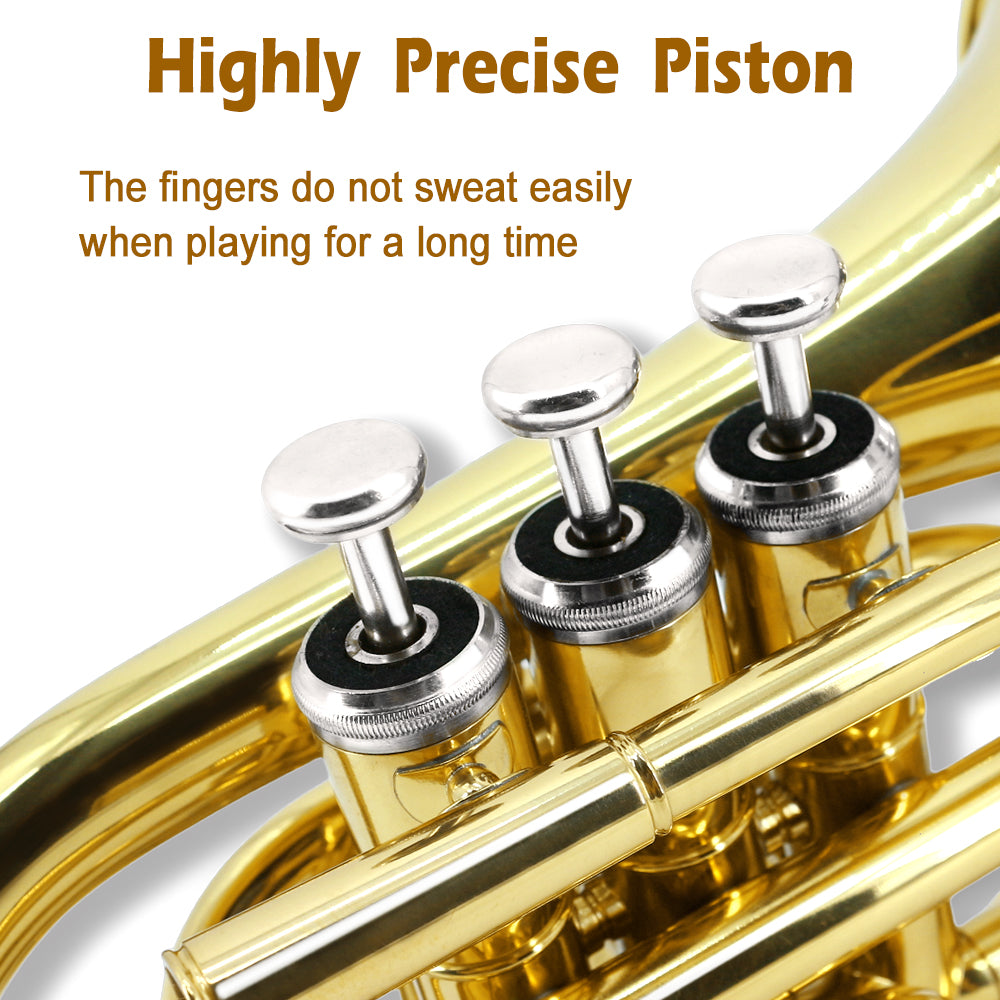 Bb Flat Pocket Trumpet Bass Trumpet for Beginner,Student with Cleaning Cloth, Silver Plated 7C Mouthpiece,Hard Case White Gloves (Gold)