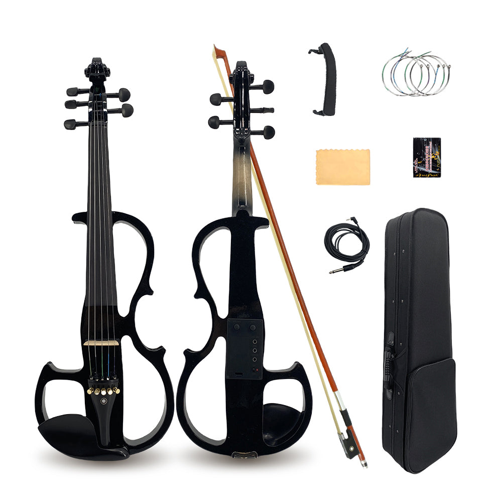 Electric Violin 4/4 Size Silent Violins Solid Wood Ebony Violin Parts with Case, Bow (Black)
