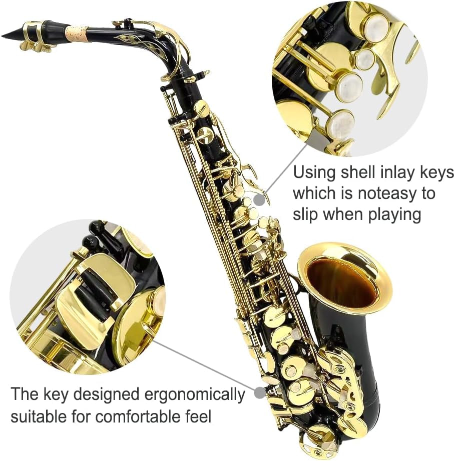Alto Saxophone Eb for Beginners - Complete Saxophone Kit with Hard Case, Mouthpiece, Neck Strap, Reeds, Cleaning Kit - Ideal for Students & Professionals (Black)