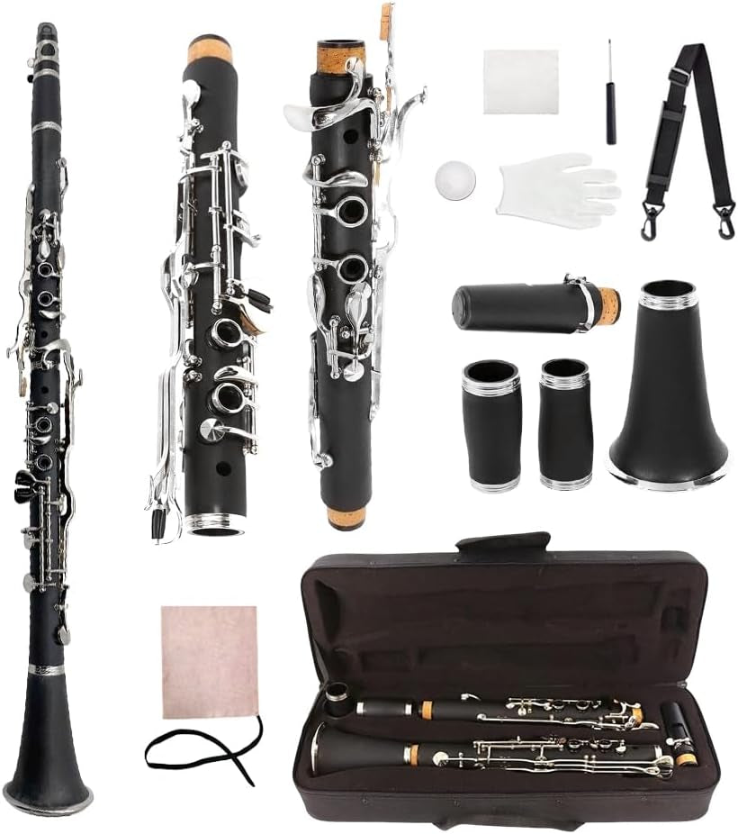 Professional Ebonite Clarinete G Key Clarinet for Beginner Students with 2 Barrels Hard Case Cleaning Kit Mouthpice Cork Grease Gloves