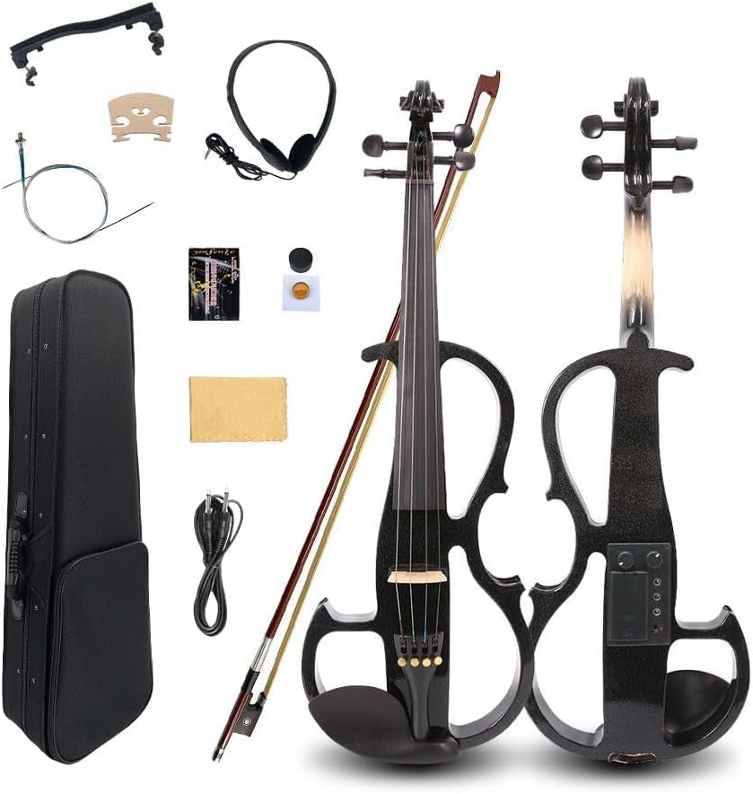 16Inch Silent Electric Viola Solid Wood 4 String with Ebony Fittings&Hard Case& Brazilwood Bow&Aux Cable&Cleaning Cloth Black