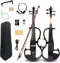 16Inch Silent Electric Viola Solid Wood 4 String with Ebony Fittings&Hard Case& Brazilwood Bow&Aux Cable&Cleaning Cloth Black