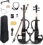 16Inch Silent Electric Viola Solid Wood 4 String with Ebony Fittings&Hard Case& Brazilwood Bow&Aux Cable&Cleaning Cloth Black