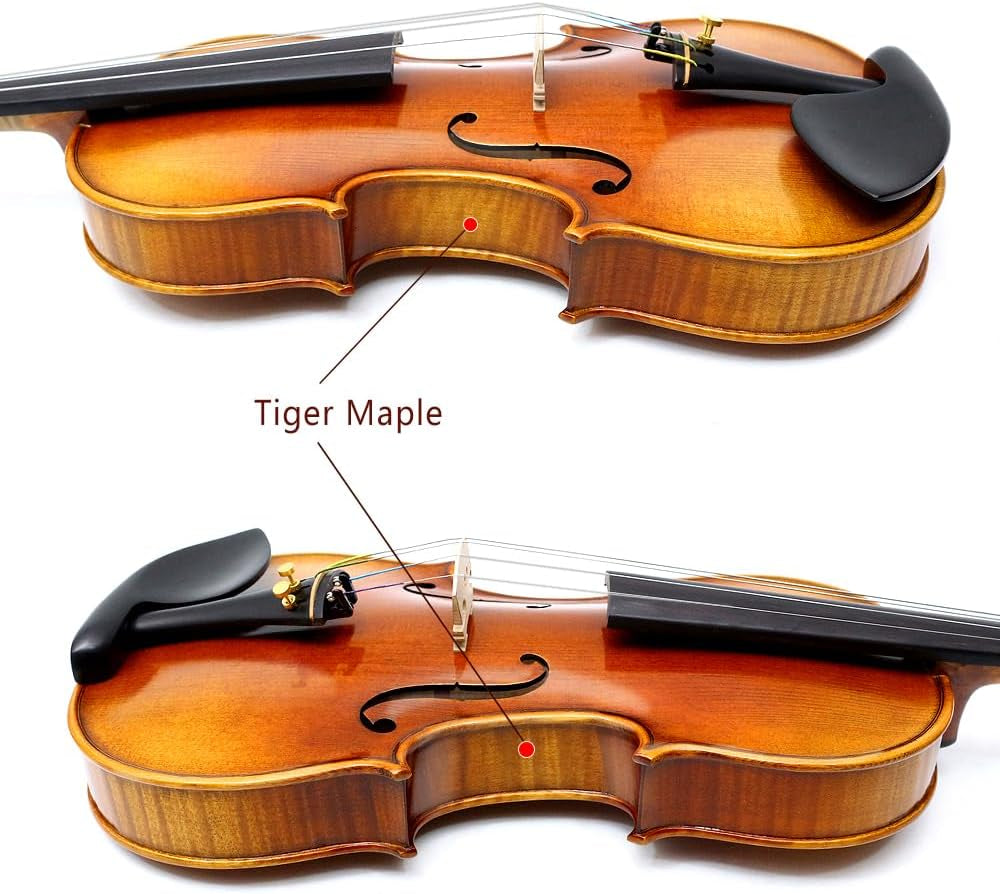 4/4 Full Size 4 String Flame Maple Acoustic Violin Spruce Top Ebony Fittings Solid Wood,Case,Bow,Rosin,Battery-Operated Mini Clip-On Tunerkit,Bridge,Shoulder Rest for Beginner (Fine Grain)