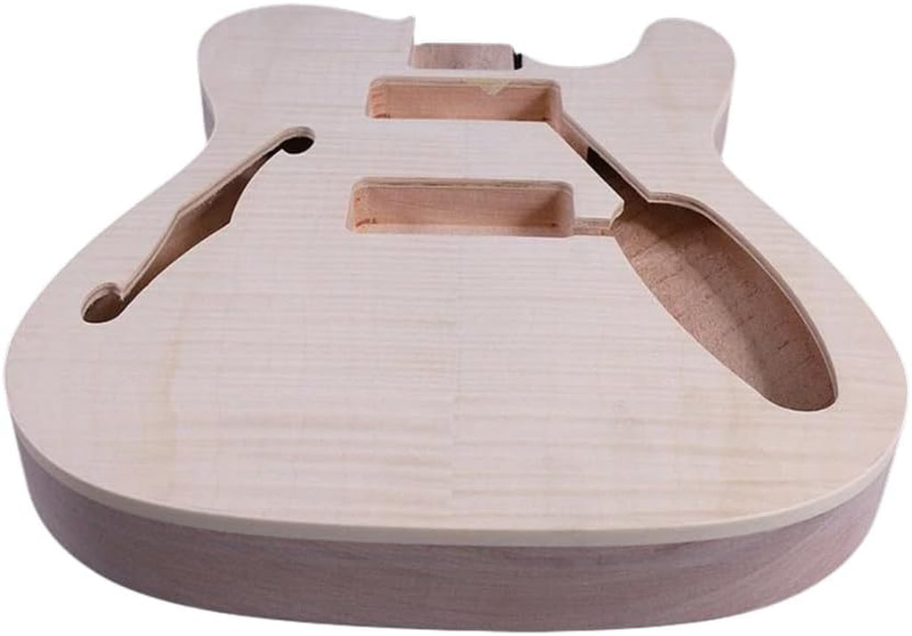 Tl-Style Semi-Hollow Guitar Body Replacement–Mahogany Wood with Maple Veneer, Big Hole Style, Unfinished(No Pre-Drilled Holes)