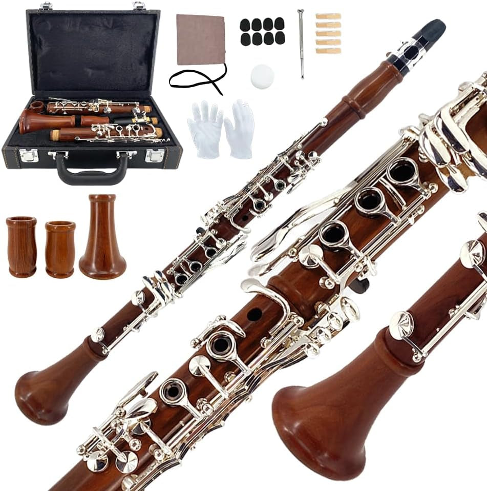 Bb Clarinet for Beginner 17 Key Nickel-Plated Rosewood B Flat Clarinet with 2 Barrels,Hard Case,Cleaning Kit,Mouthpiece,Cork Grease,Gloves，Reeds,Cushion
