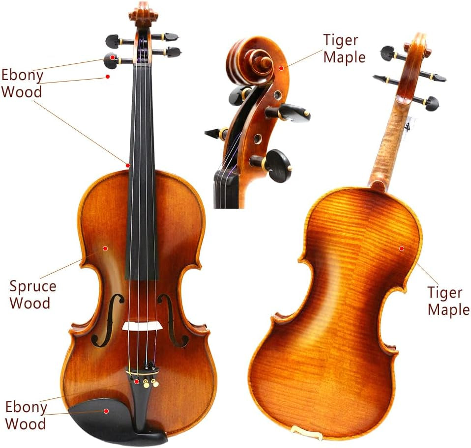 4/4 Full Size Flame Maple 4 String Acoustic Violin Spruce Top Ebony Fittings Solid Wood,Case,Bow,Rosin,Battery-Operated Mini Clip-On Tunerkit,Briage,Shoulder Rest for Beginner. (Fine Grain)