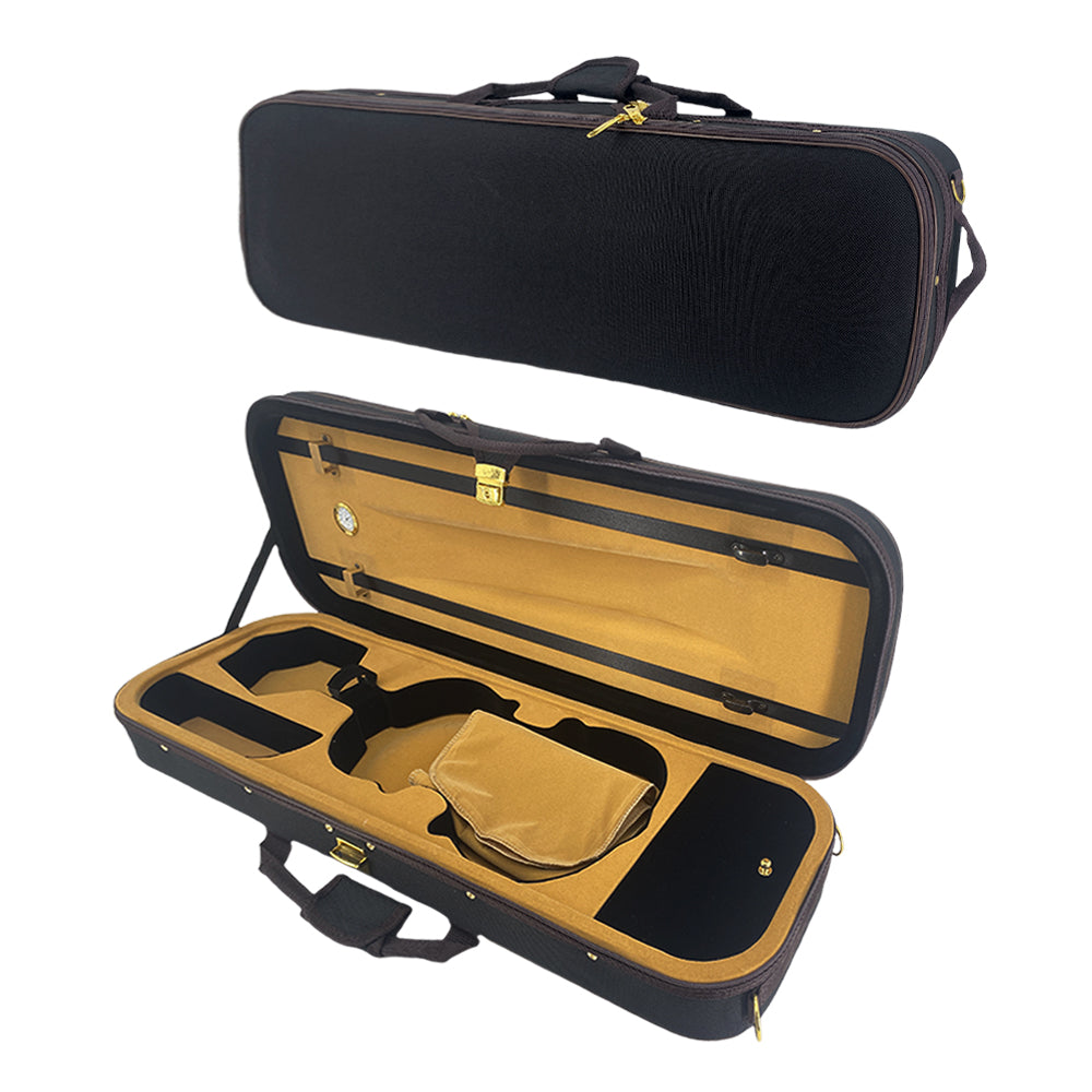 Wooden Violin Case 4/4 Full Size, Oblong Hard Case for 4/4 Violin with Adjustable Straps&2 Bow Holder& Built-In Hygrometer Canvas Violin Bag