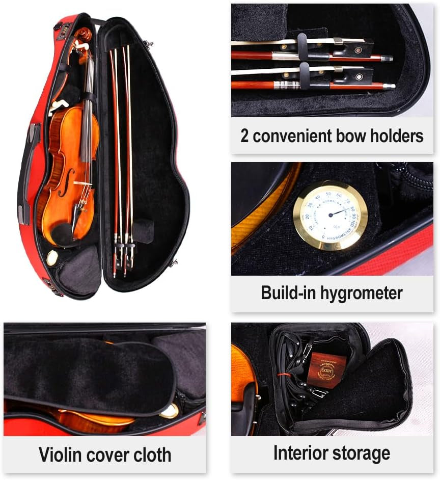 Violin Case 4/4 Full Size 1.9Kg Carbon Fiber Half round Shape Viloin Bag with Strap Combination Lock and Accessories Bag Red