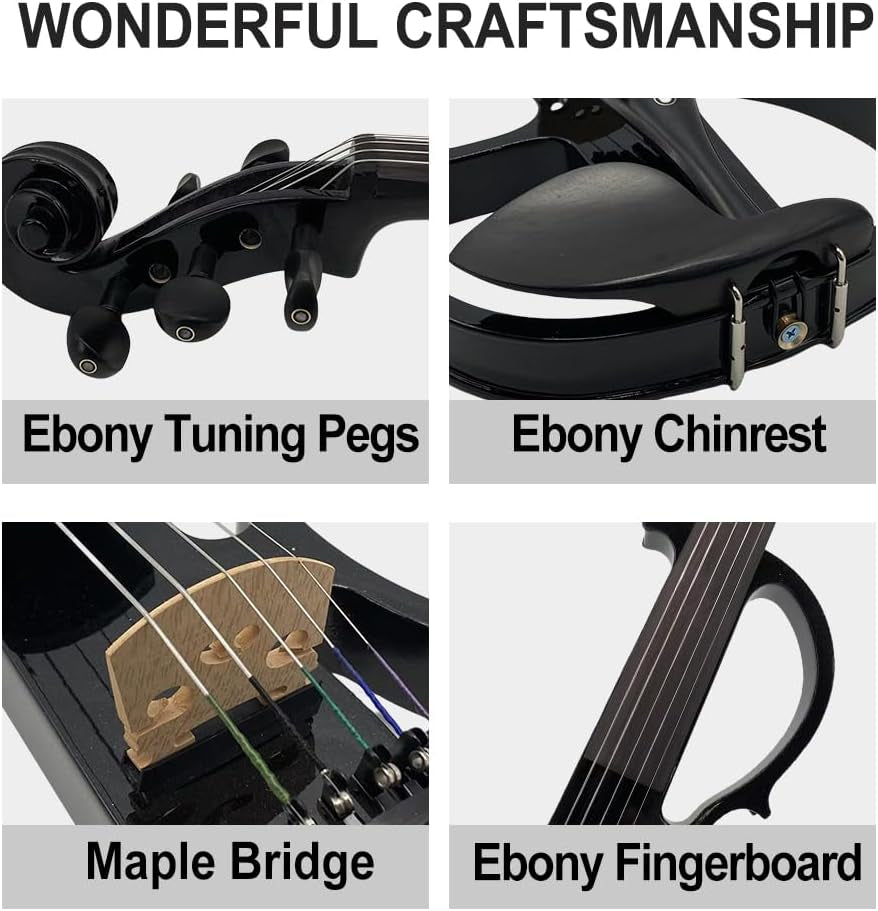 16Inch Silent Electric Viola Solid Wood 5 String with Ebony Fittings Hard Case Brazilwood Bow AUX Cable Cleaning Cloth Extra Strings Shoulder Rest Black FCGDA