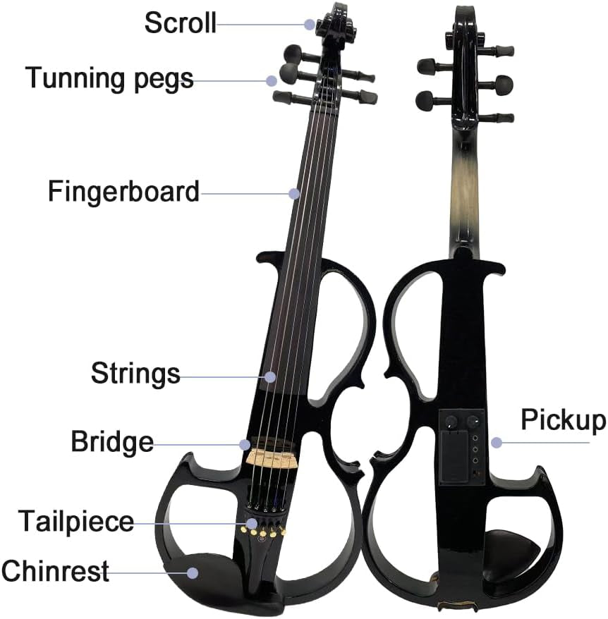 16Inch Silent Electric Viola Solid Wood 5 String with Ebony Fittings Hard Case Brazilwood Bow AUX Cable Cleaning Cloth Extra Strings Shoulder Rest Black FCGDA