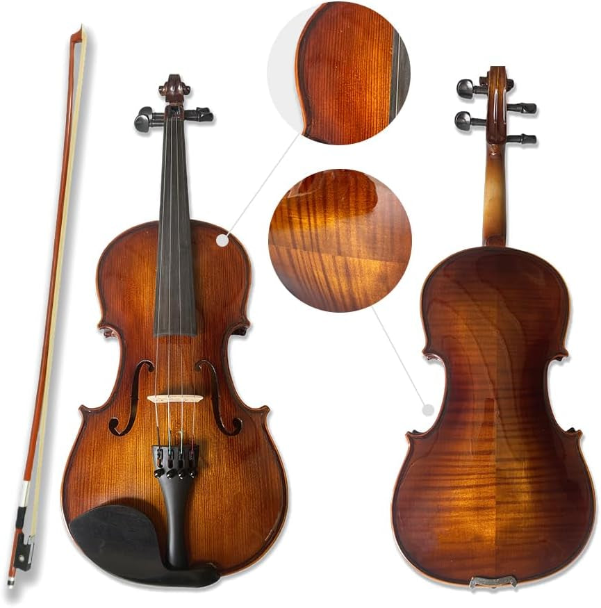 Acoustic Violin Kit for Beginners, 1/2 Size, 4 String, Ebony Flame Maple Spruce Wood, with Case, Bow, Shoulder Rest, Strings, Tuner (1/2)