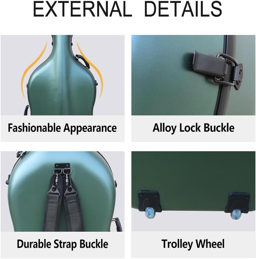 Cello Case 4/4 Full Size Carbon Fiber Embedded Handle,Hard Shell with Lock & Backpack Straps,Wheels Waterproof and Lightweight Cello Hard Case 4/4 for Musicians