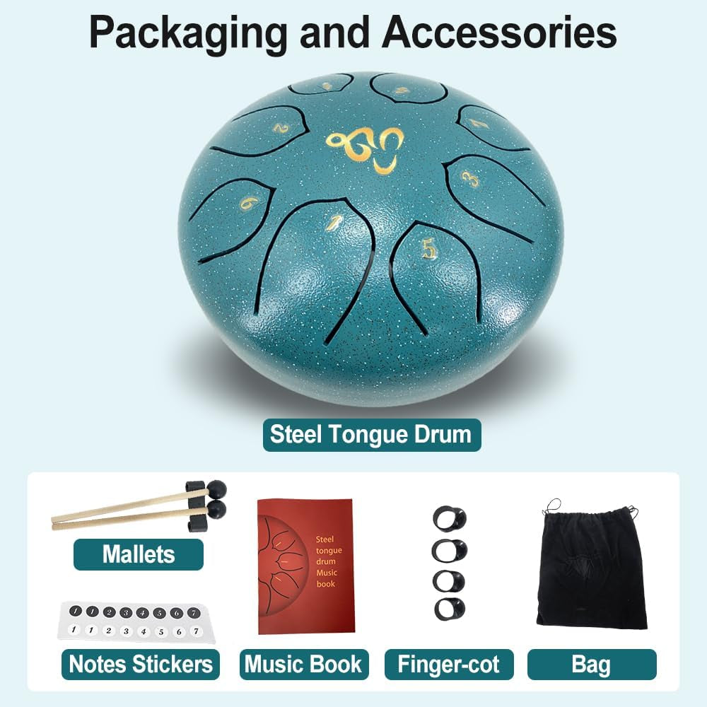 Steel Tongue Drum 6 Inches 8 Notes, Rain Drum for outside with Music Book, Drum Mallets Meditation Rain Chime, Musical Instruments for Family, Friends