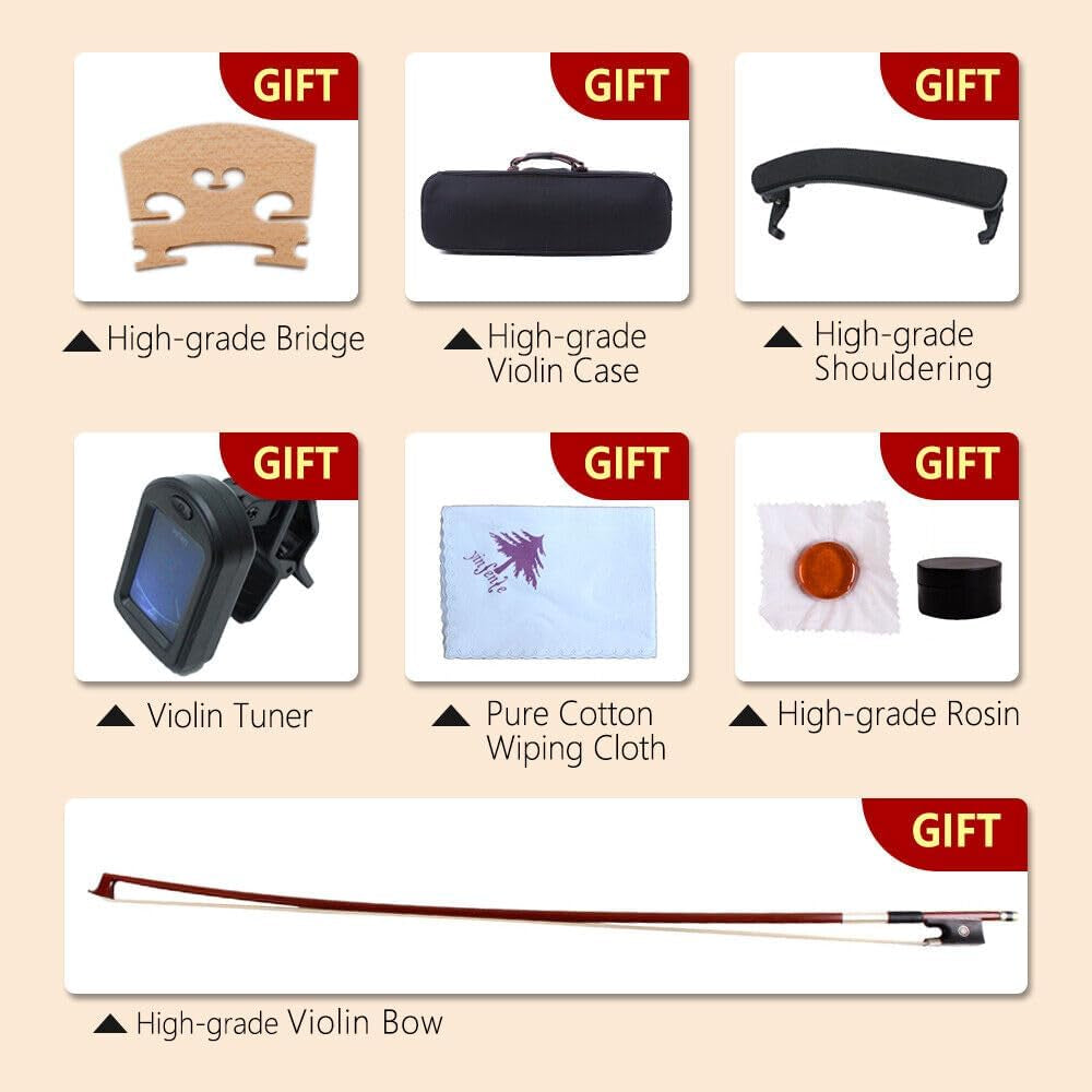 4/4 Full Size 4 String Flame Maple Acoustic Violin Spruce Top Ebony Fittings Solid Wood,Case,Bow,Rosin,Battery-Operated Mini Clip-On Tunerkit,Bridge,Shoulder Rest for Beginner (Fine Grain)