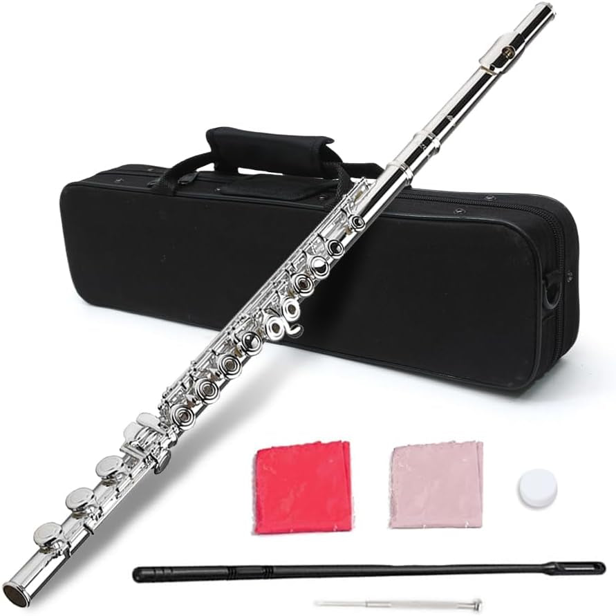 Flute 17 Key Closed Hole C Flute for Beginner Cleaning Kit with Gloves Cloth Tuning Rod Hard Case Nickel Siver, 17 Key Flute Instrument Student Flutes(Closed Hole,Silver)