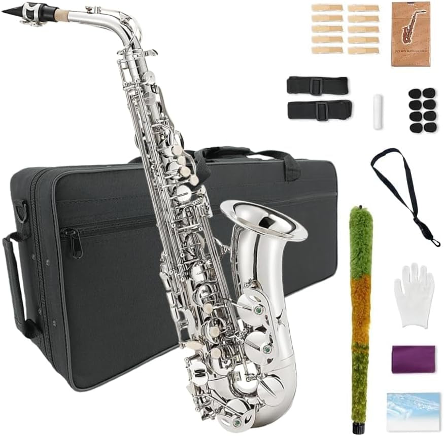 Saxophone Alto Beginner Kit for Adults & Students - Eb Nickel-Plated Sax with Case, Reeds, Mouthpiece & Straps - Professional Setup, Easy to Play (Nickel)