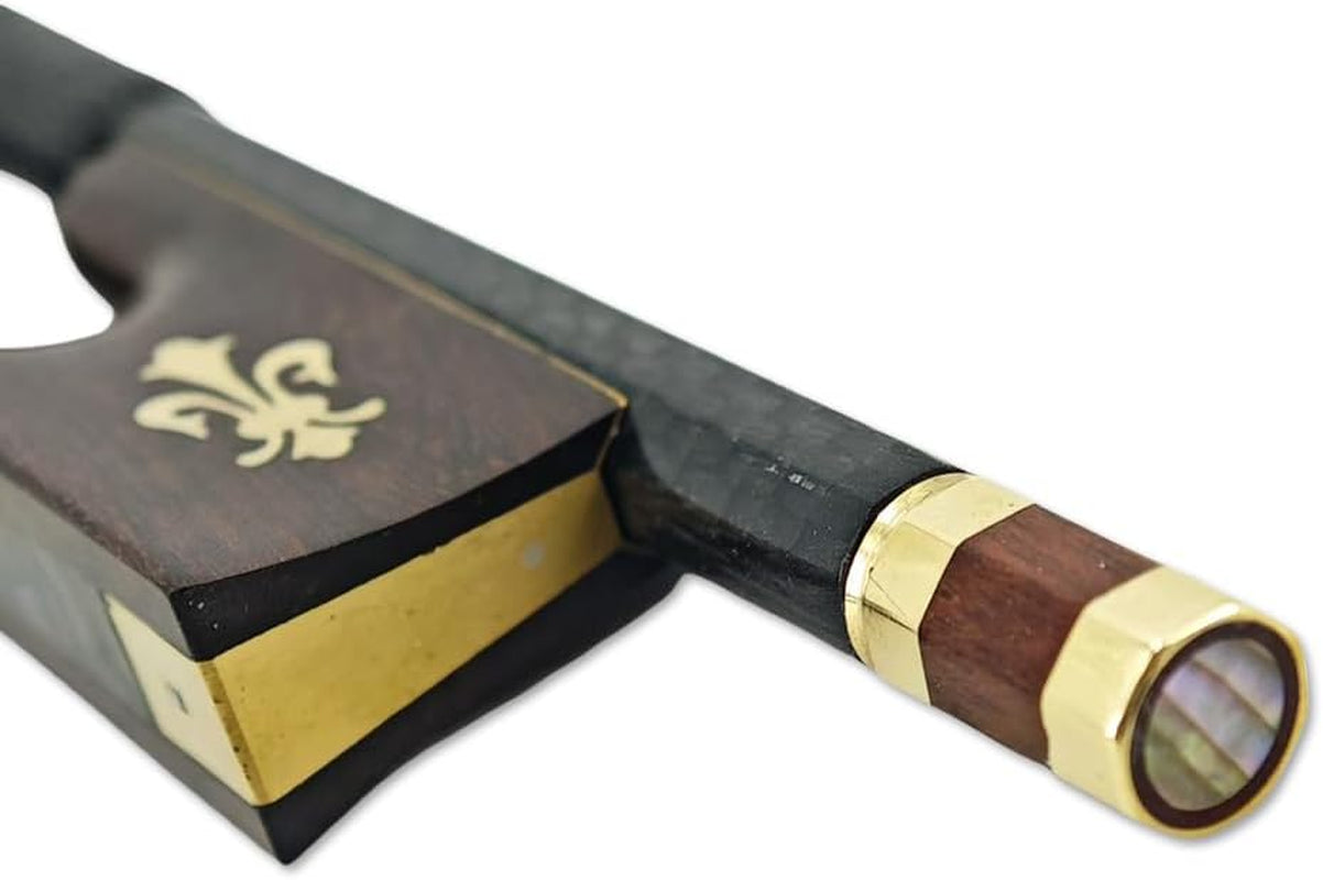 Carbon Fiber 4/4 Violin Bow Full Size Snakewood Frog with Fleur De Lis Inlay Black Mongolian Bow Hair Well Balanced& Pernambuco Level