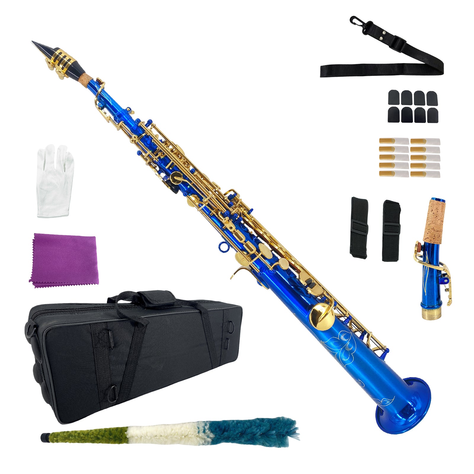Bb Soprano Saxophone Straight Gold Sax Instruments for Beginners Students with Mouthpiece Carrying Case Straps 10Reeds (Blue)